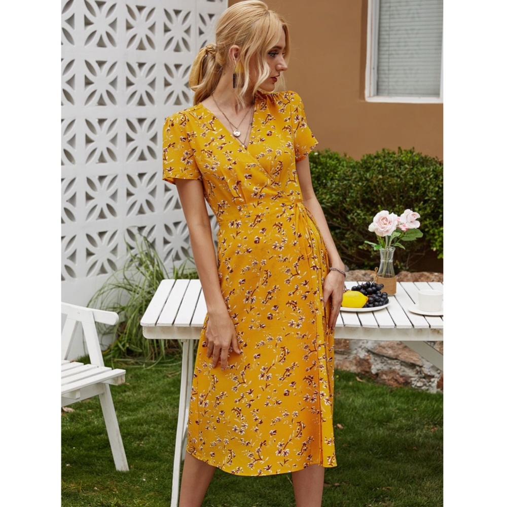 Yellow Floral Wrap Midi Dress - Picture 6 of 16